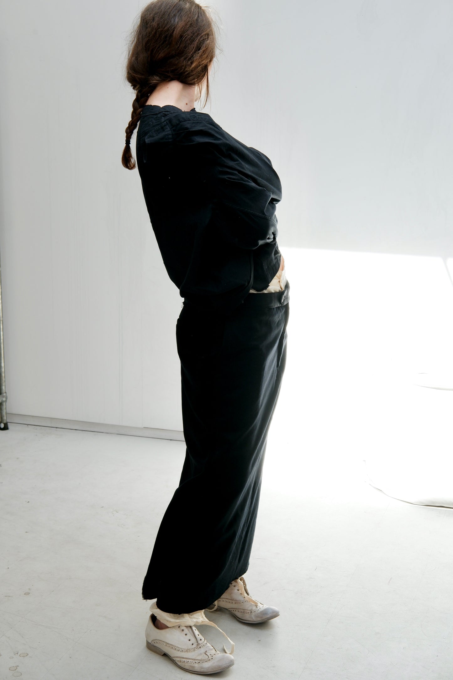 Black cotton sideways shirt with wool insert / Black wool trouser skirt