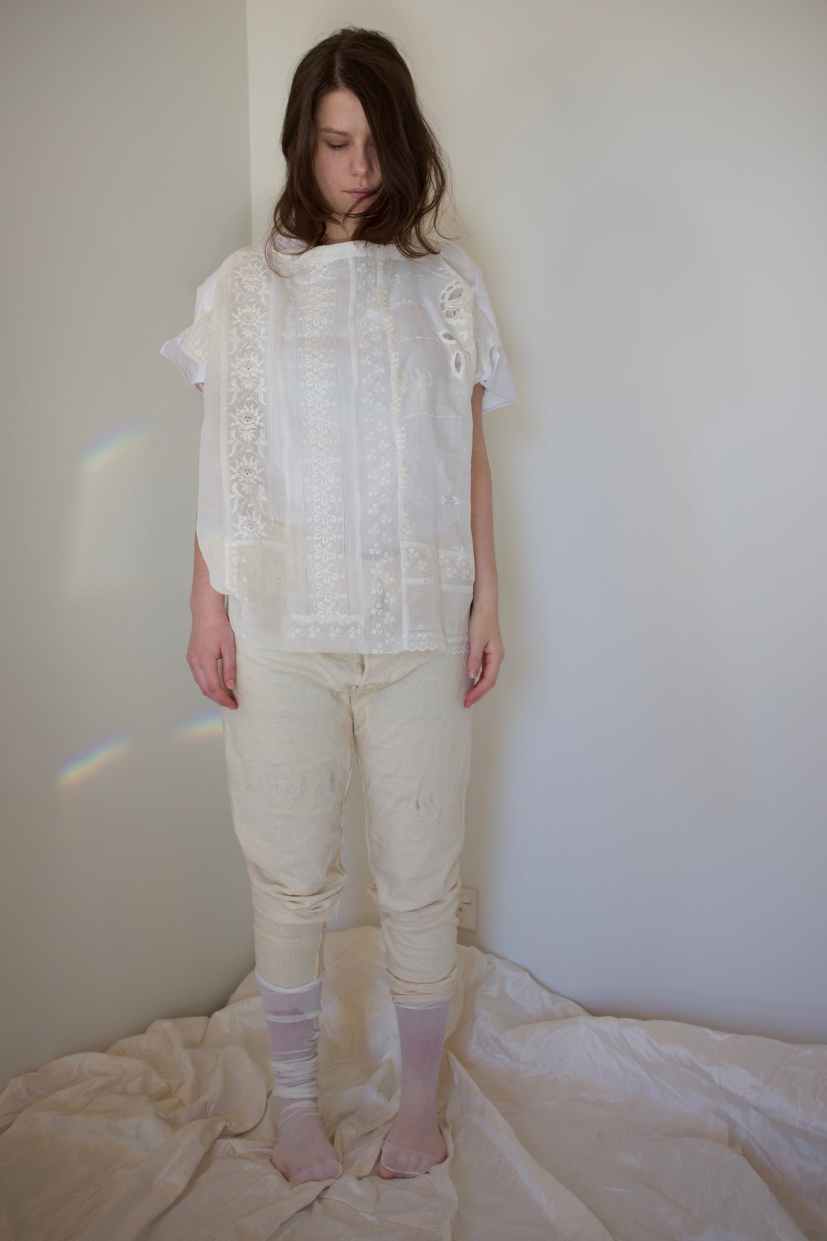 Antique white work front and t-shirt back s/s top
