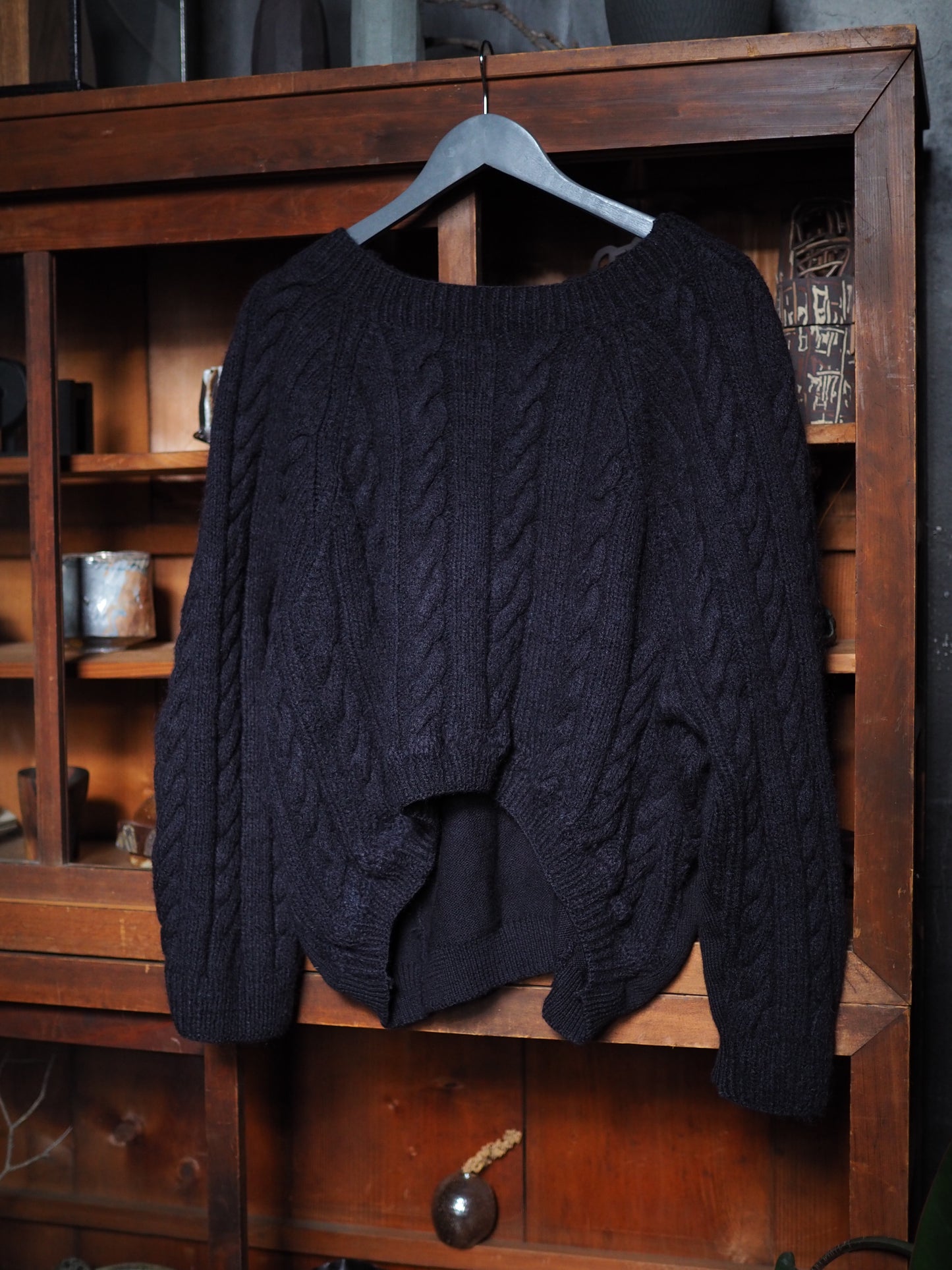 Dark blue handknit '2 sides' thick wool jumper with hand-stitching.