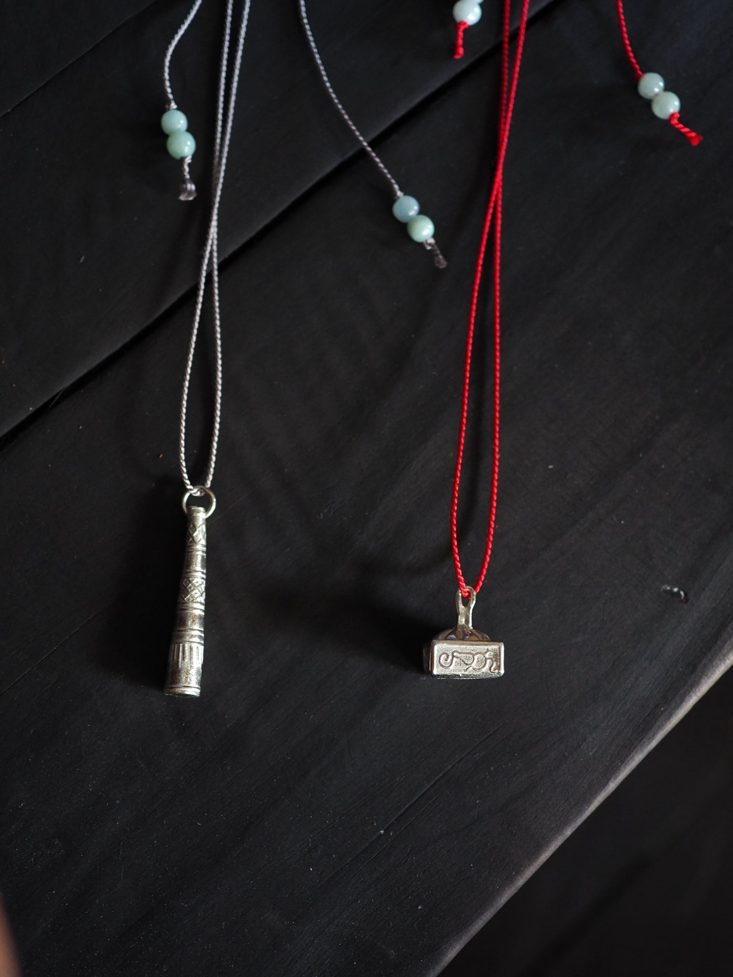 Silver Box Stamp on Red Silk Necklace / Silver Kareidoscope on Grey Silk Necklace