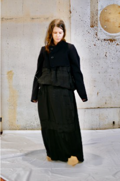 Black deconstructed jacket with sculptural shoulder / Black skirt w pockets