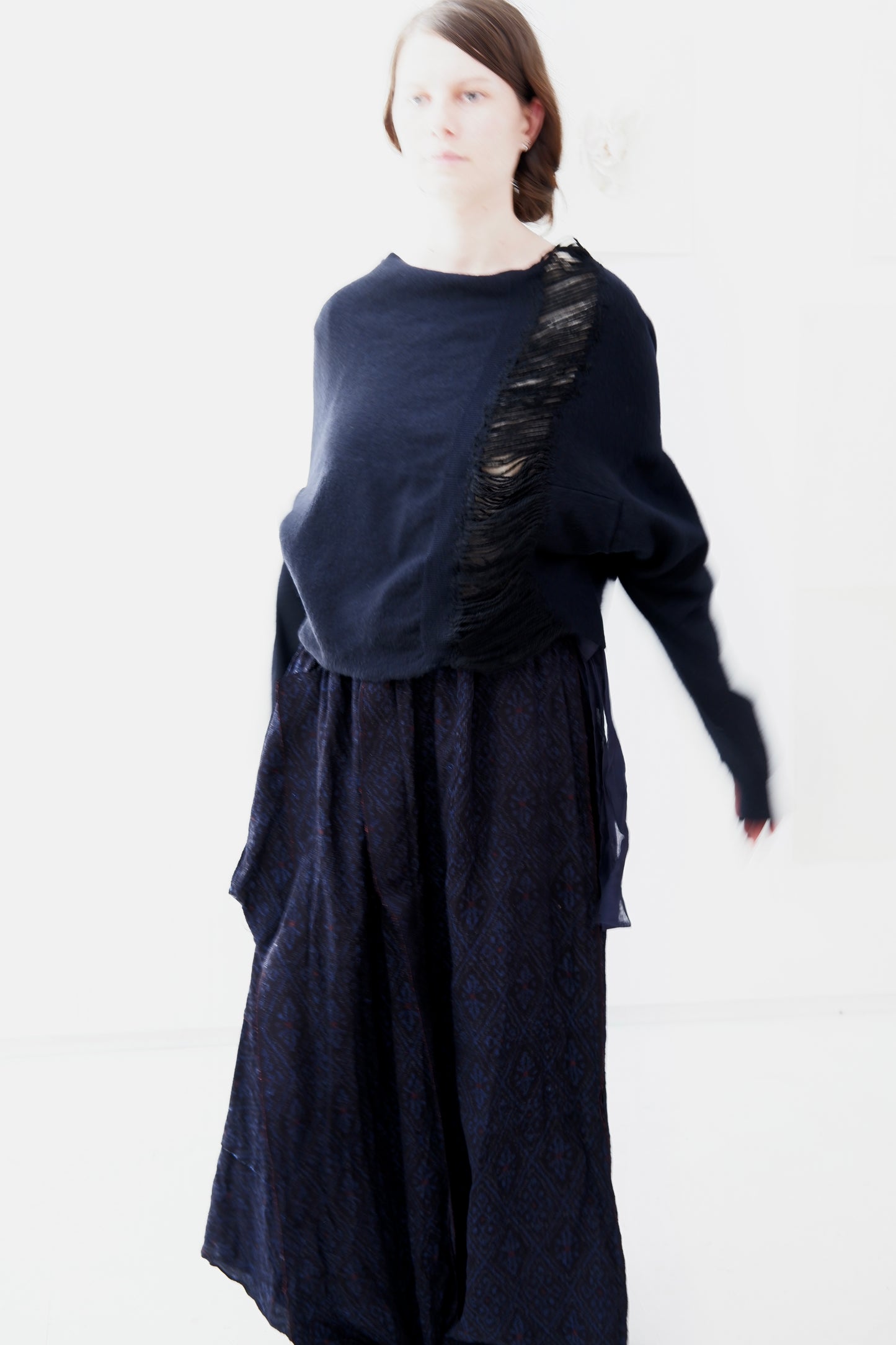 Navy jumper with open hand stitched front