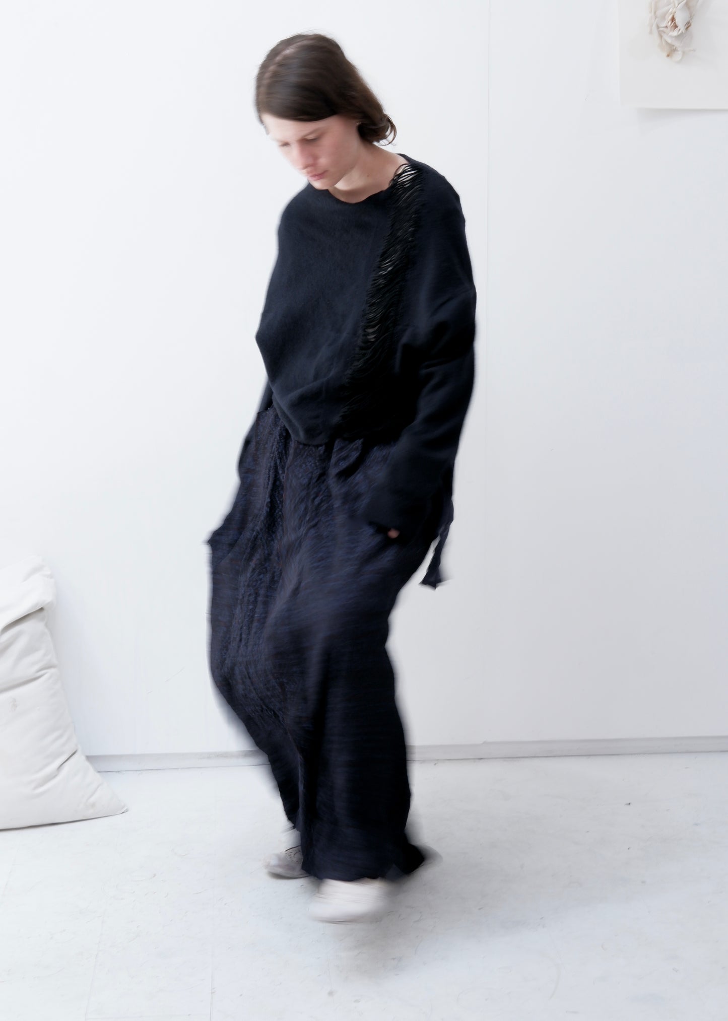 Navy jumper with open hand stitched front