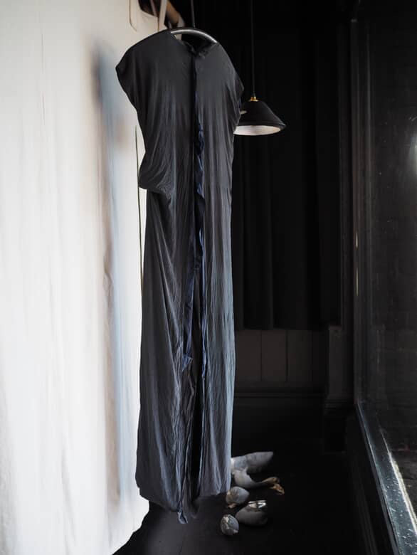 Grey & Blue Kimono silk dress with opened lining back