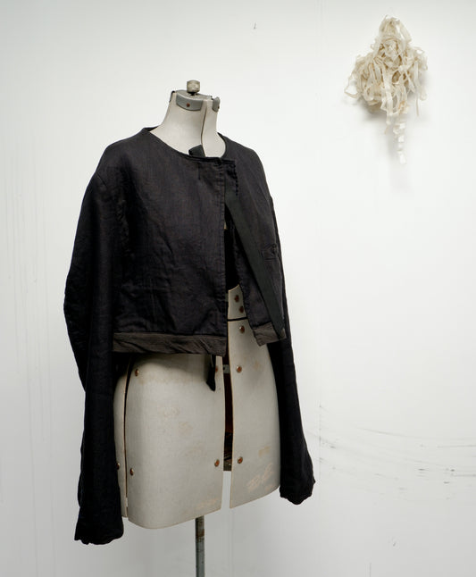 Charcoal cropped linen jacket. w silk trim.