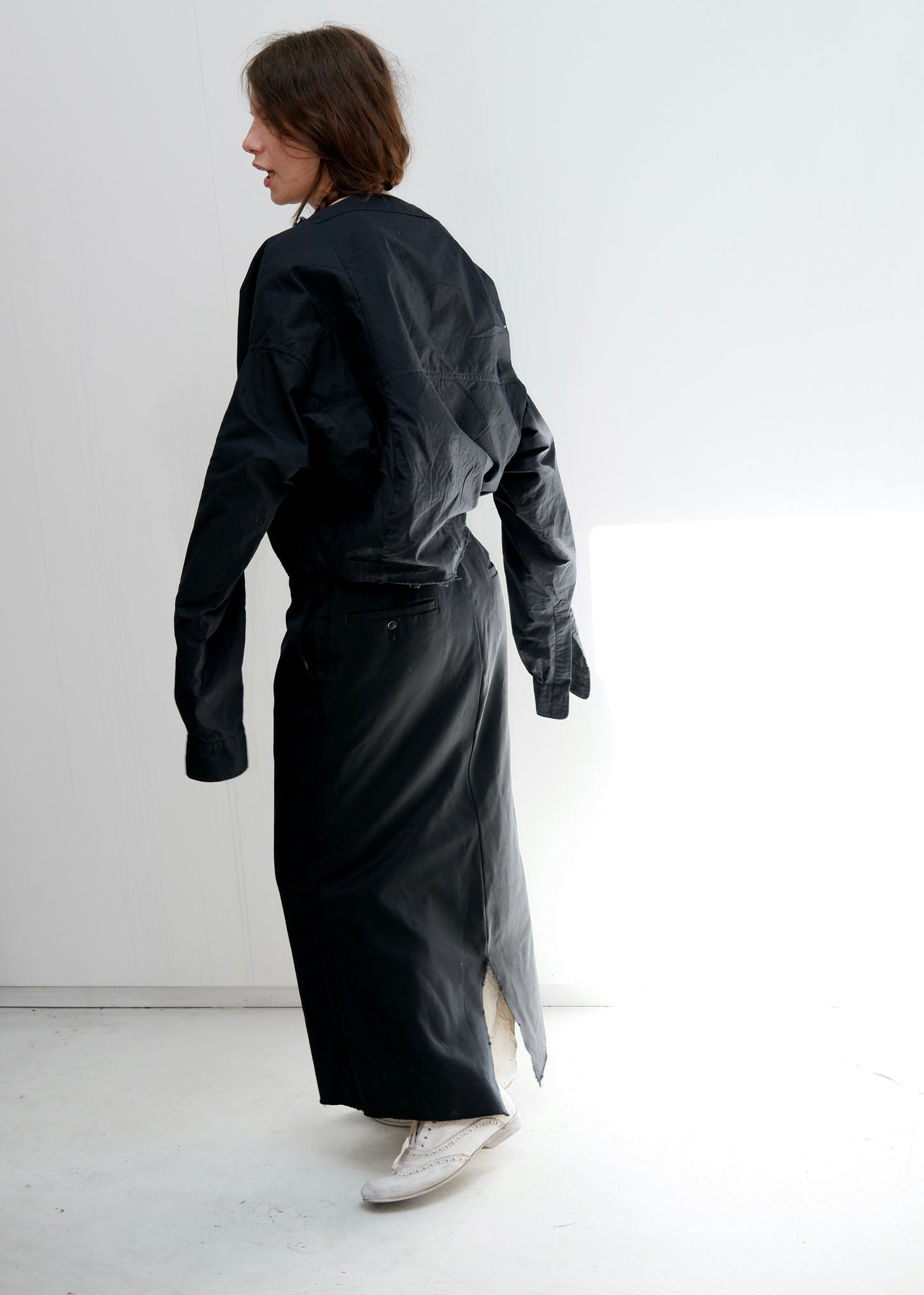 Black cotton sideways shirt with wool insert / Black wool trouser skirt