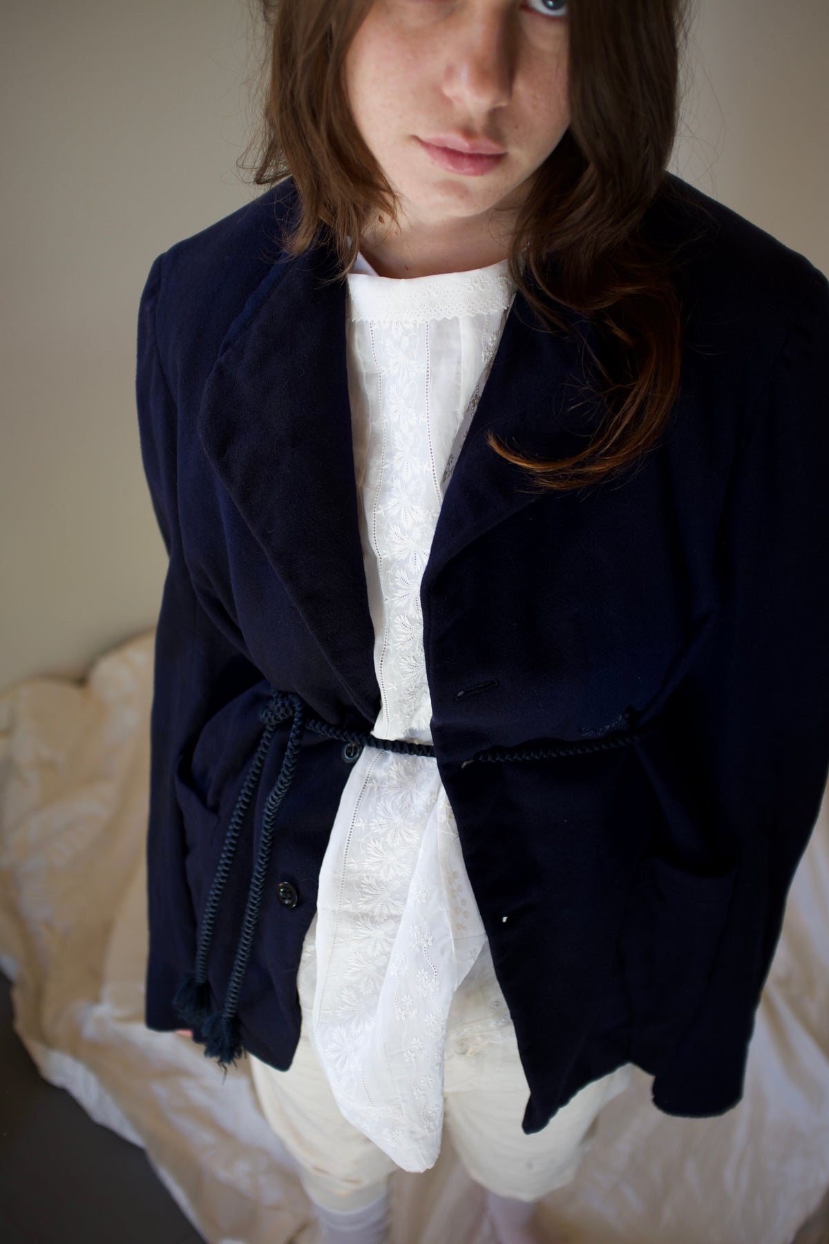 Navy blue deconstructed jacket w. Waist tie