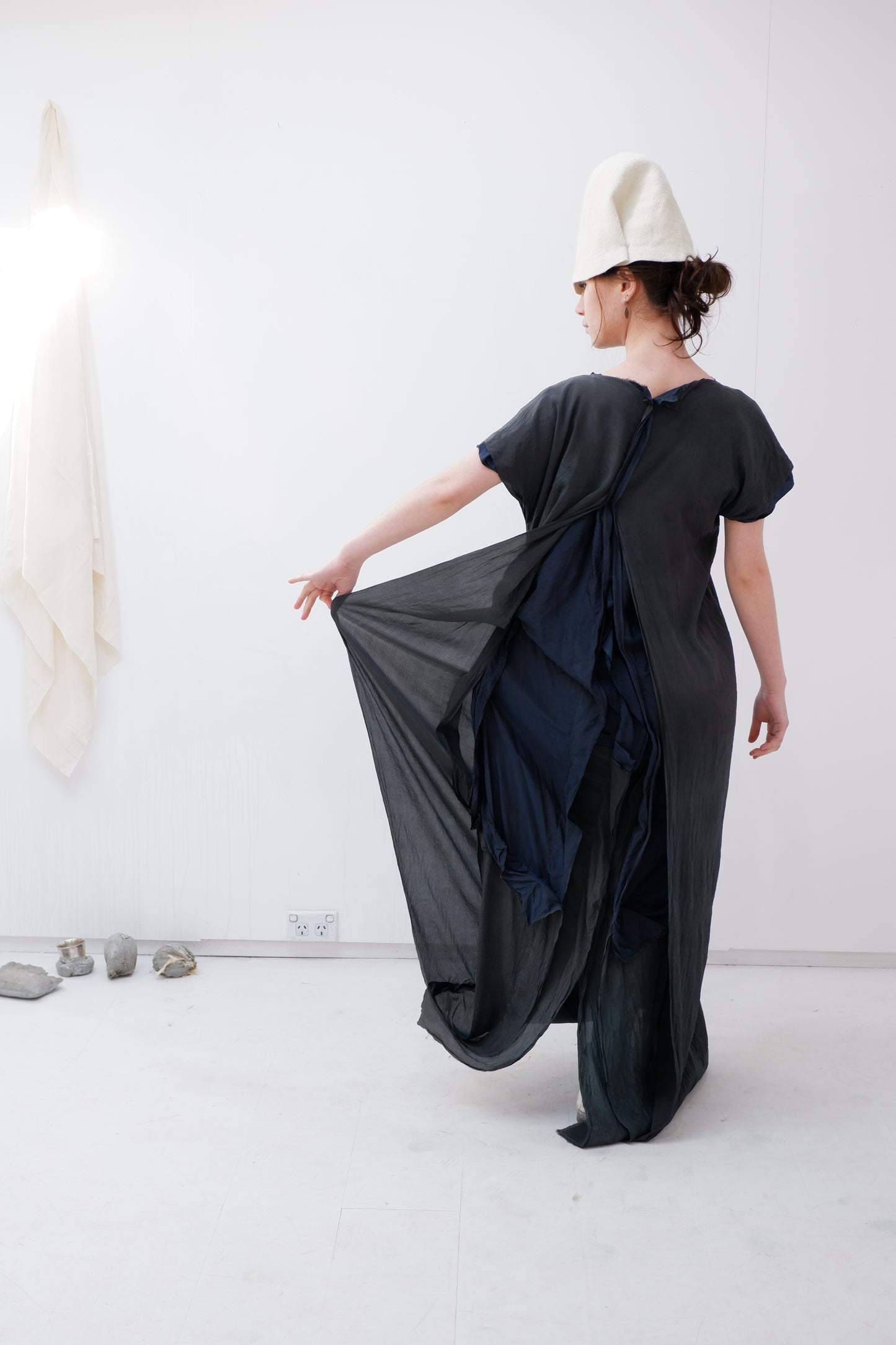 Grey & Blue Kimono silk dress with opened lining back