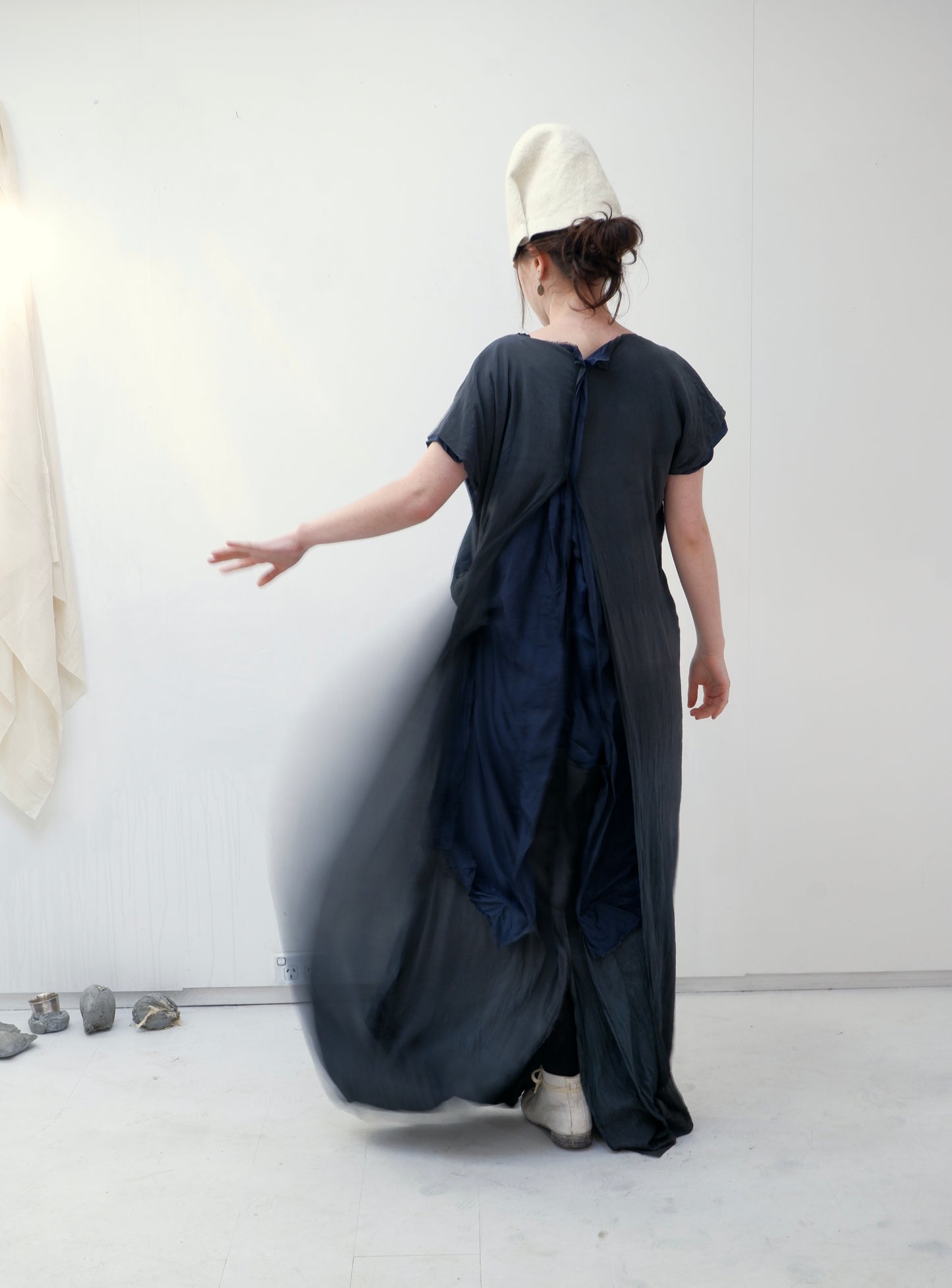 Grey & Blue Kimono silk dress with opened lining back