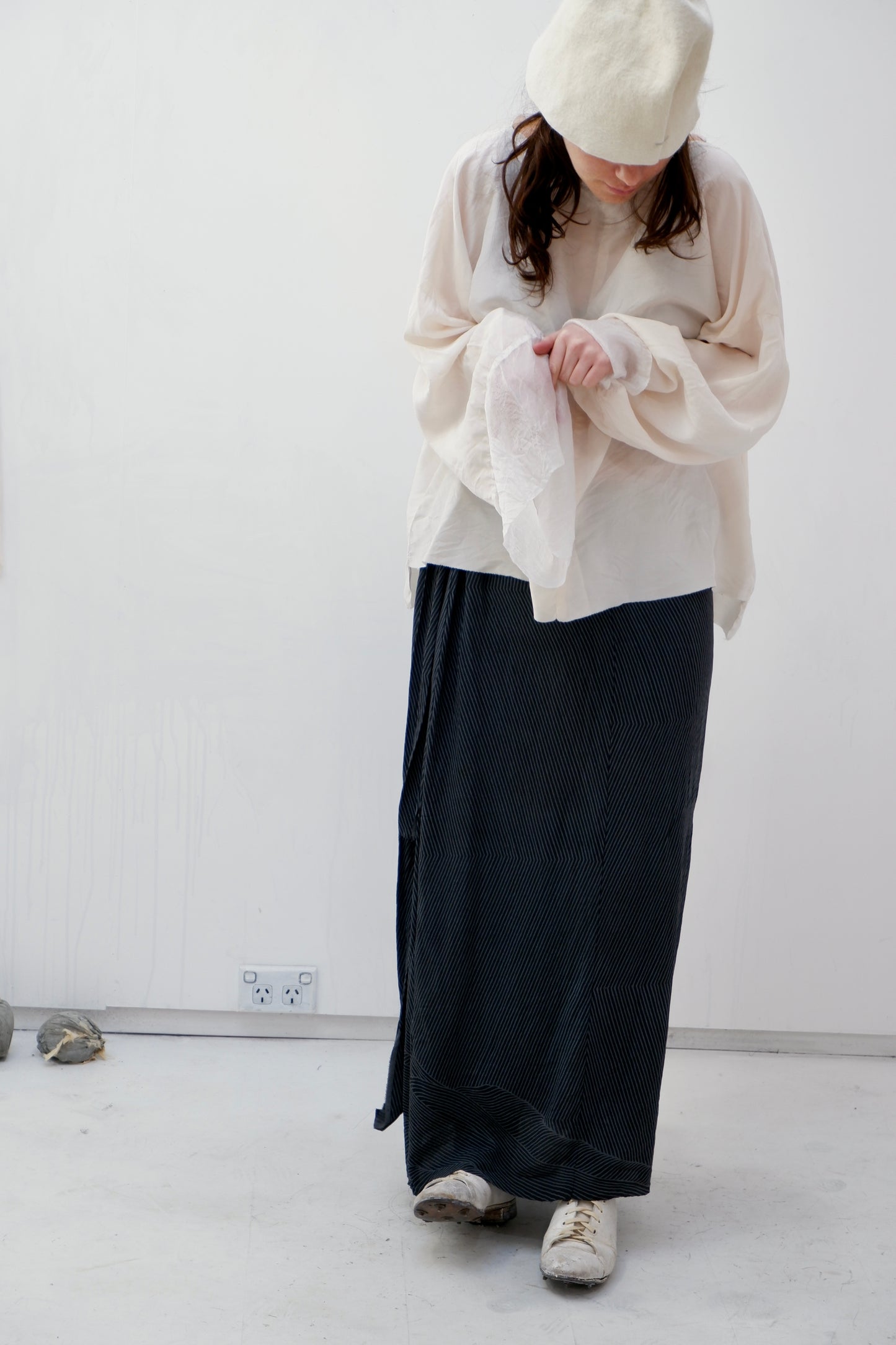 Cream Kimono silk L/S top with sheer silk cuffs
