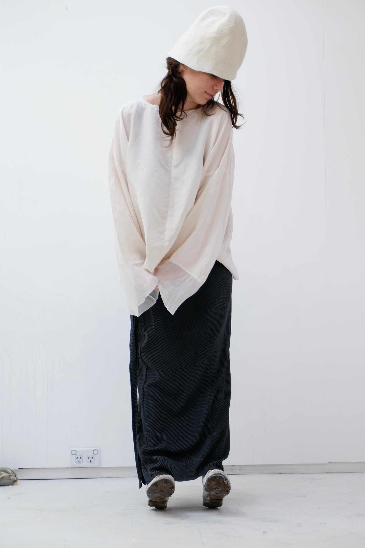 Cream Kimono silk L/S top with sheer silk cuffs