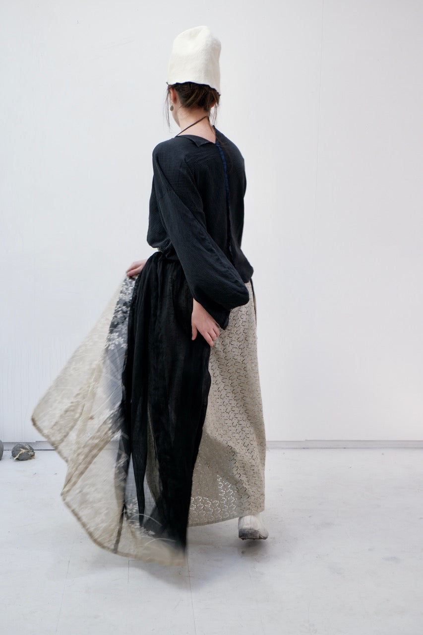Black & Grey Floral ramie kimono overskirt