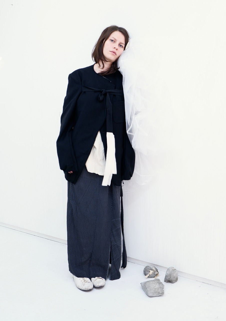 Dark Green Grey Striped Wave pattern, Kimono Silk Skirt