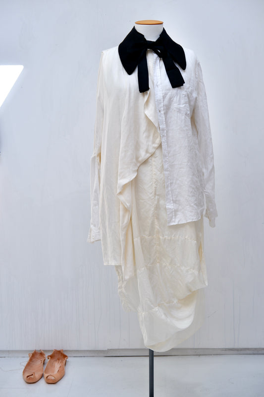 Black linen sideways shirt / Coat collar w silk tie