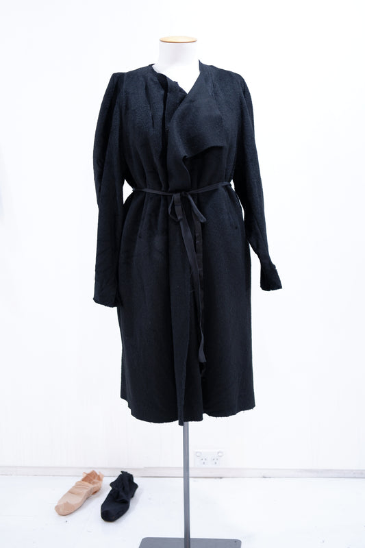 Black wool coat with silk lapel and waist tie front