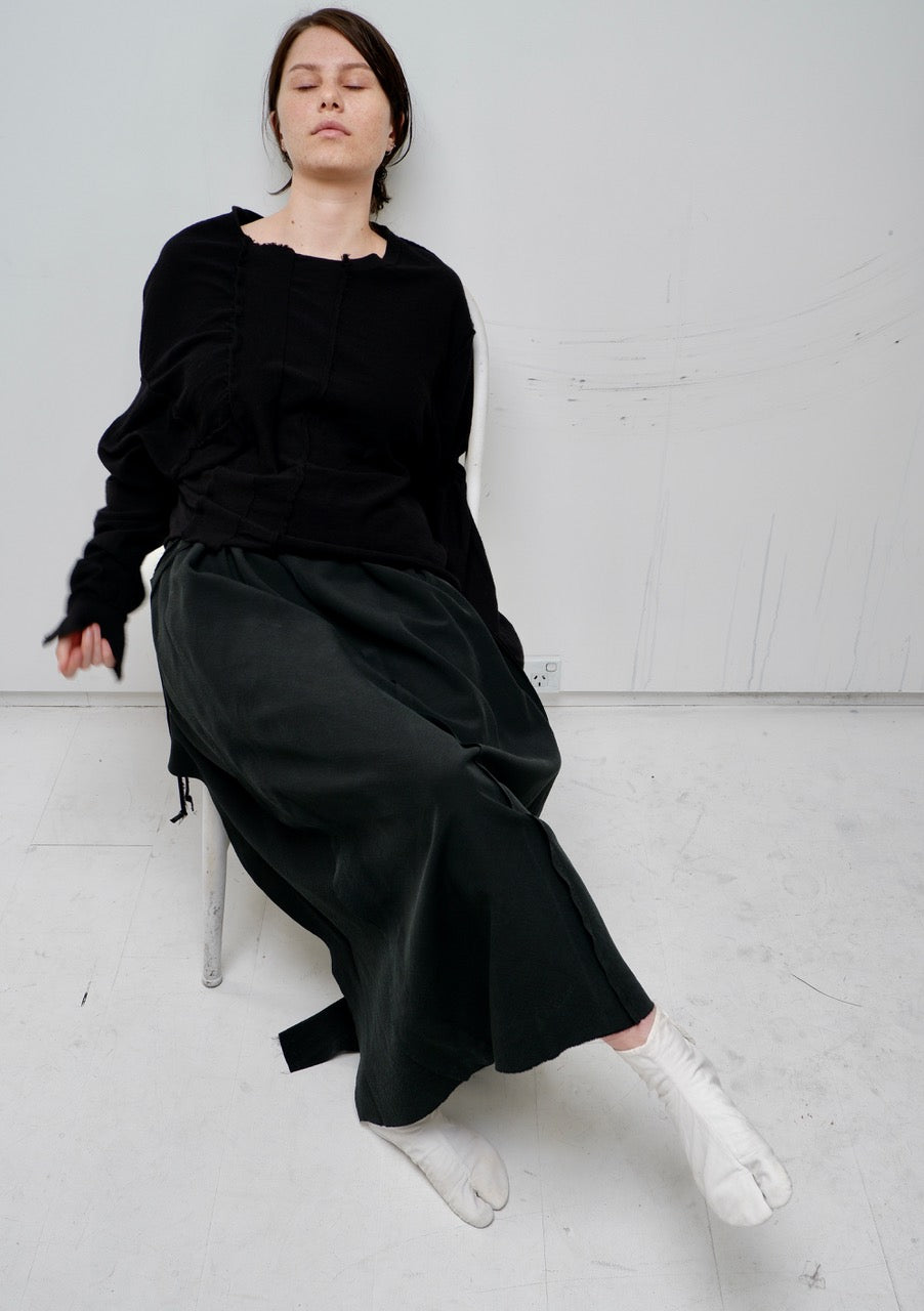 Black asymmetrical merino top / Black kimono silk skirt with wide seams