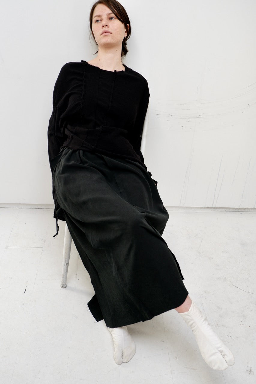 Black asymmetrical merino top / Black kimono silk skirt with wide seams