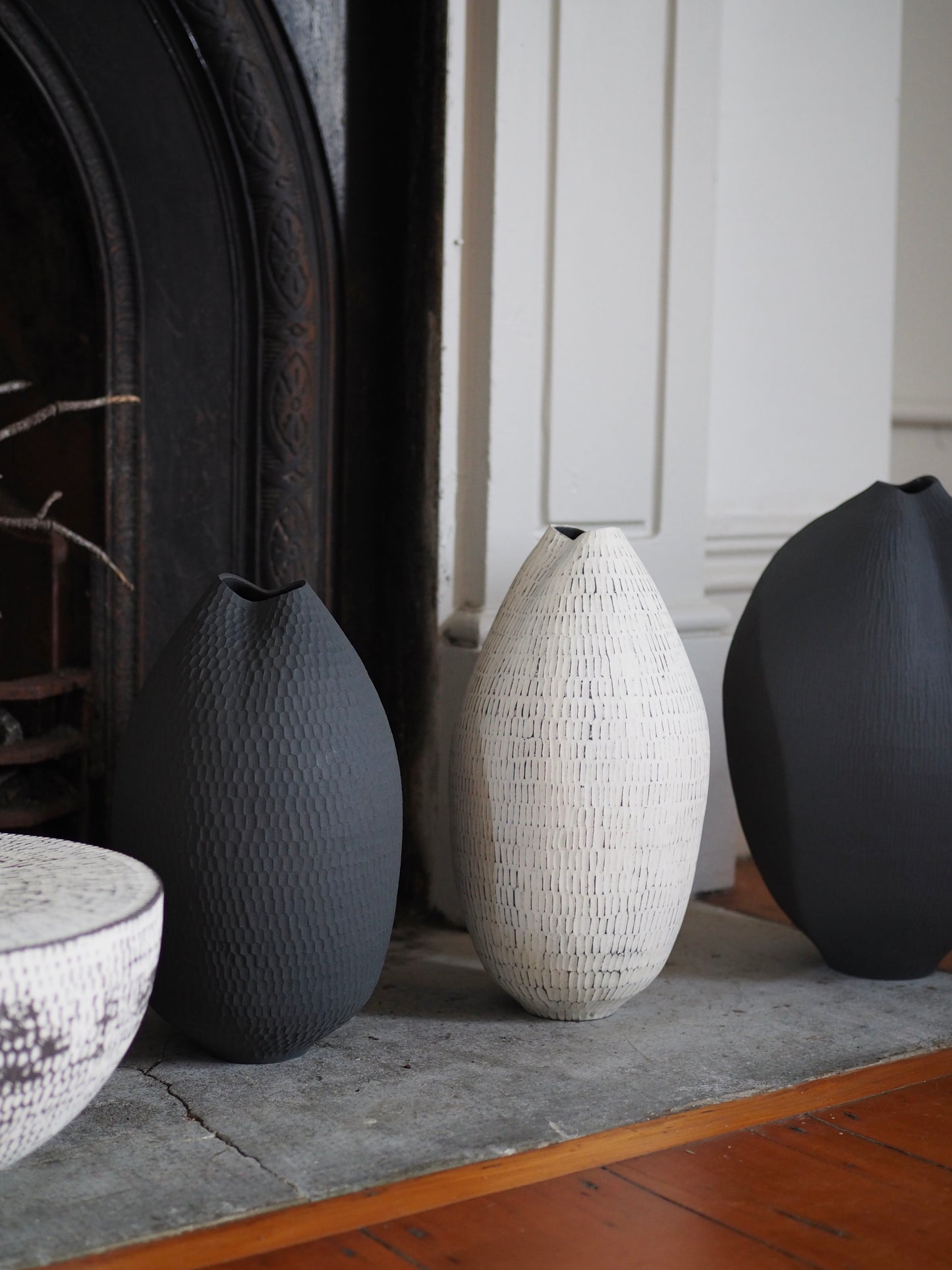 Black Carved Pod Vase / White Carved Pod Vase with Silver Staple