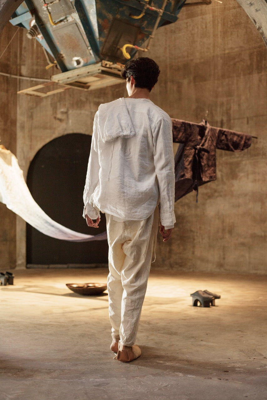 White linen deconstructed asymmetrical shirt with glass buttons