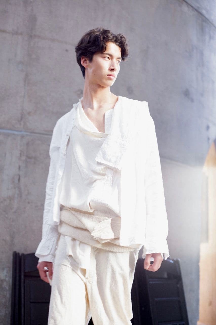 White linen deconstructed asymmetrical shirt with glass buttons