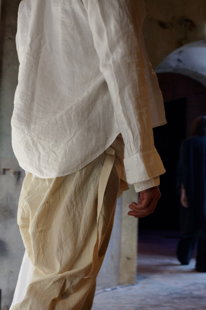 White linen deconstructed asymmetrical shirt with glass buttons