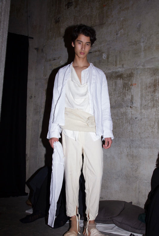 White linen deconstructed asymmetrical shirt with glass buttons