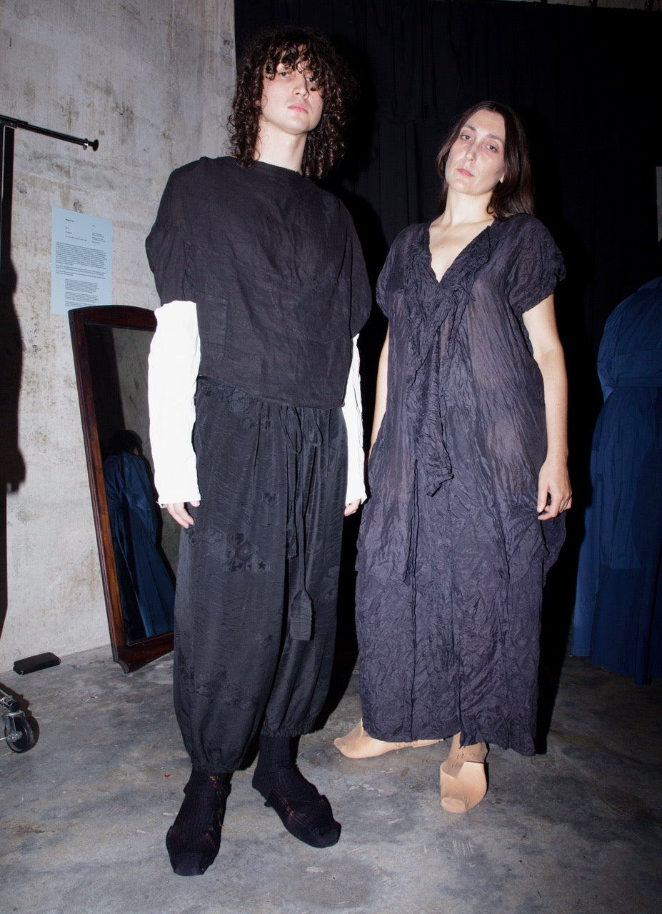 Charcoal purple kimono lining crumpled silk dress