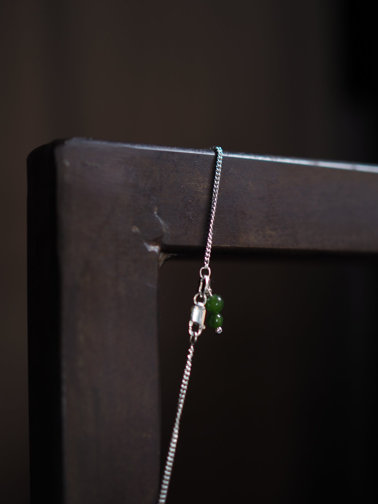 Silver Box Stamp Necklace with Green Jade Beads