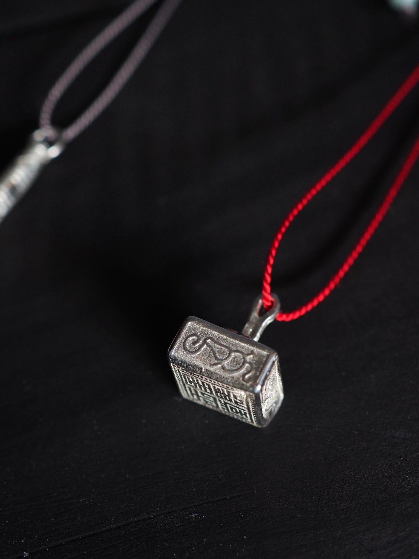 Silver Box Stamp on Red Silk Necklace / Silver Kareidoscope on Grey Silk Necklace