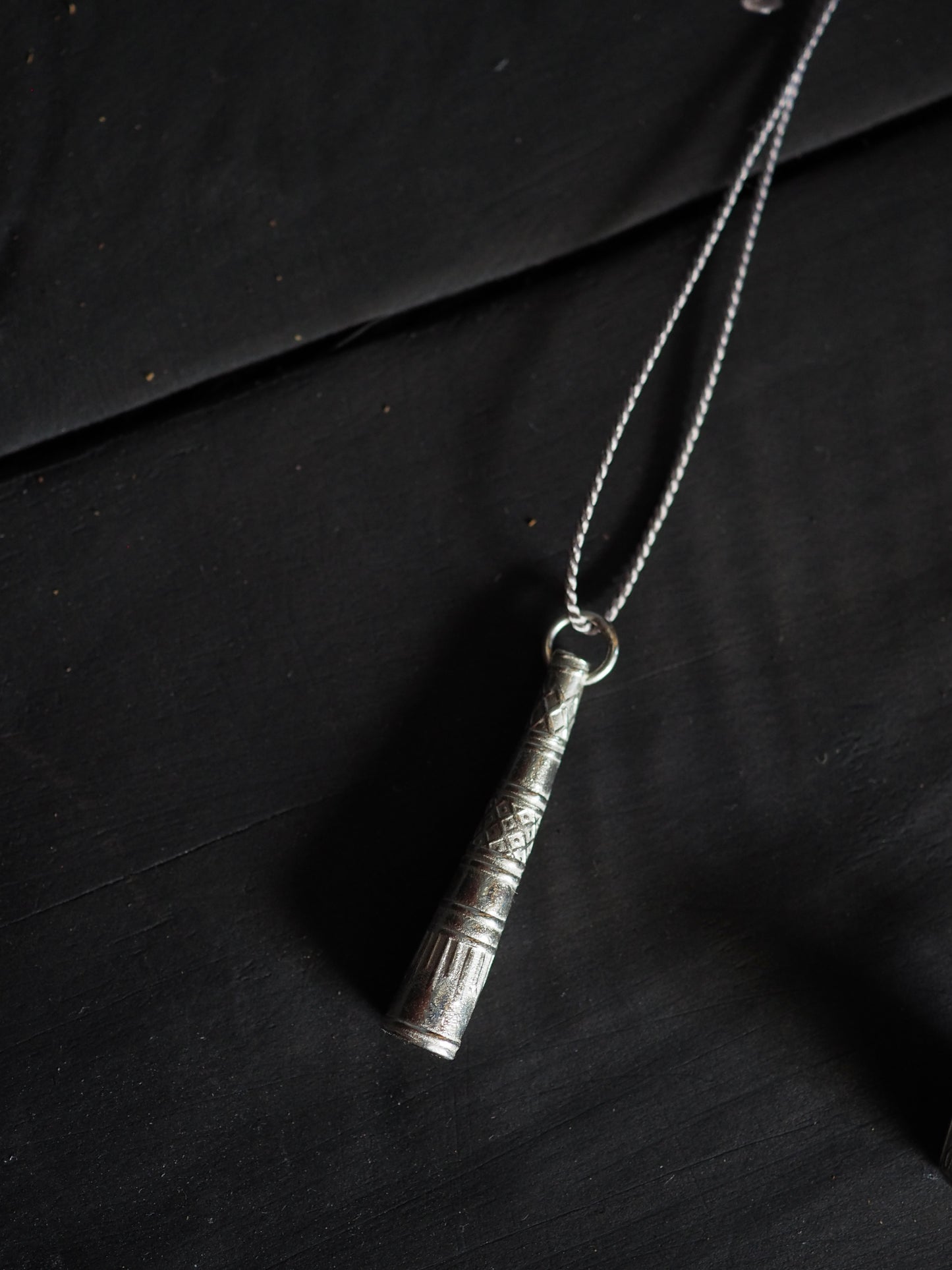 Silver Box Stamp on Red Silk Necklace / Silver Kareidoscope on Grey Silk Necklace