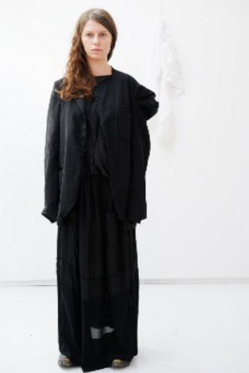 Black deconstructed jacket with sculptural shoulder / Black skirt w pockets