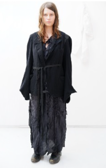 Darkest blue deconstructed jacket with hand-stitched lapel and dropped shoulder with waist tie